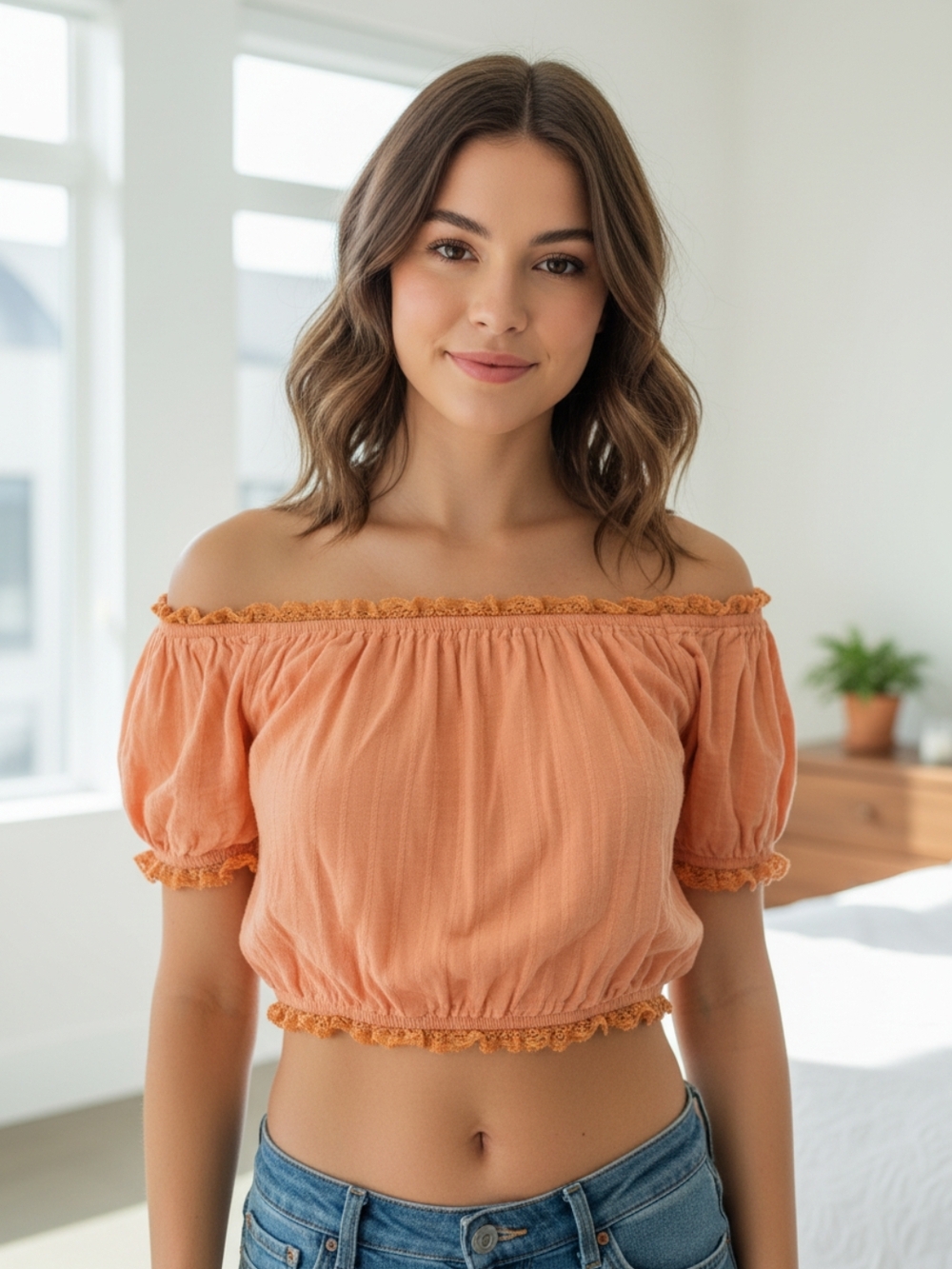 American Eagle Outfitters Peach Off-Shoulder Cropped Top